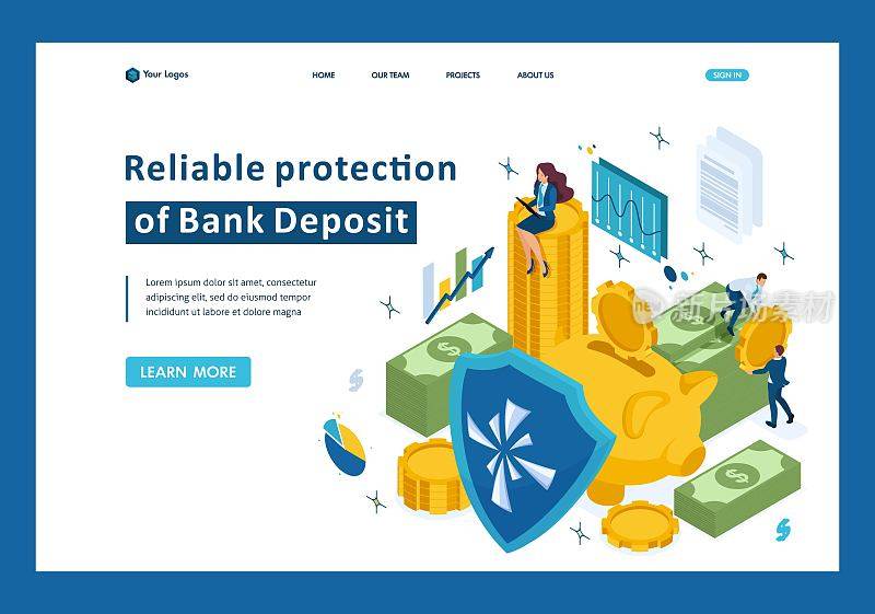 Isometric reliable protection of your money, bank deposit, security. Template Landing page